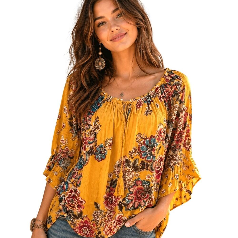 BILA Boho Top Womens XXL Marigold Floral Off Shoulder Tassel Bell Sleeve Cottage